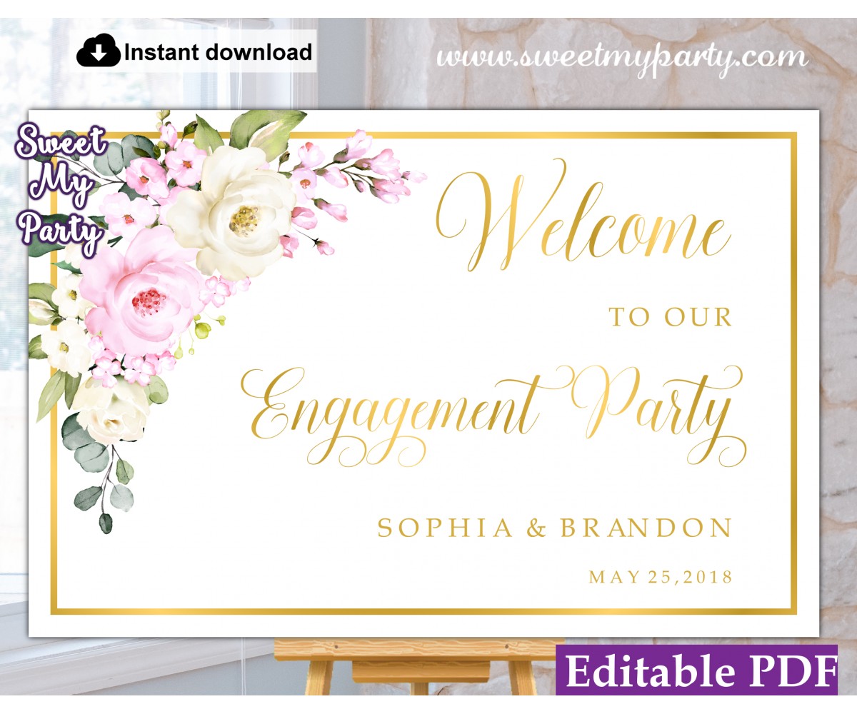Cream pink roses Engagement Party welcome sign template,Engagement Party welcome sign,(135a)